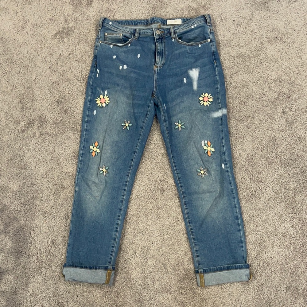 Anthropologie floral beaded straight leg jeans